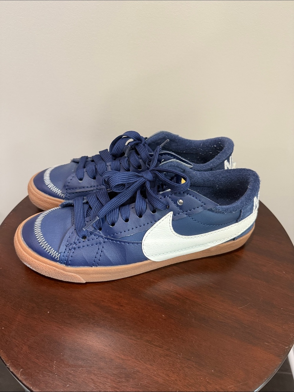 Nike Kids Navy Blue Sneakers with White Swoosh and Gum Sole